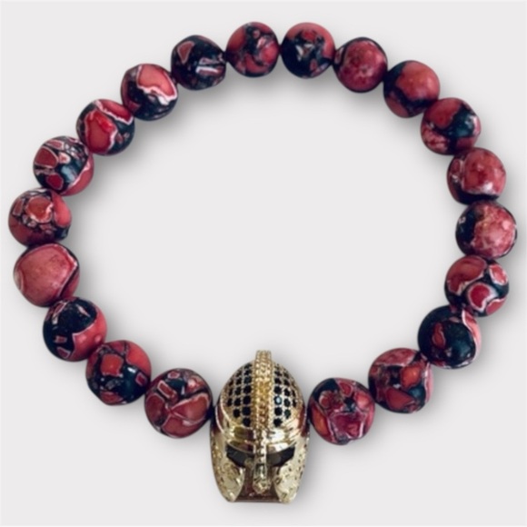 HAND CRAFTED Gladiator & Imperial Jasper Stretch Bracelet 6.5” Red Gold NWT - Picture 4 of 15